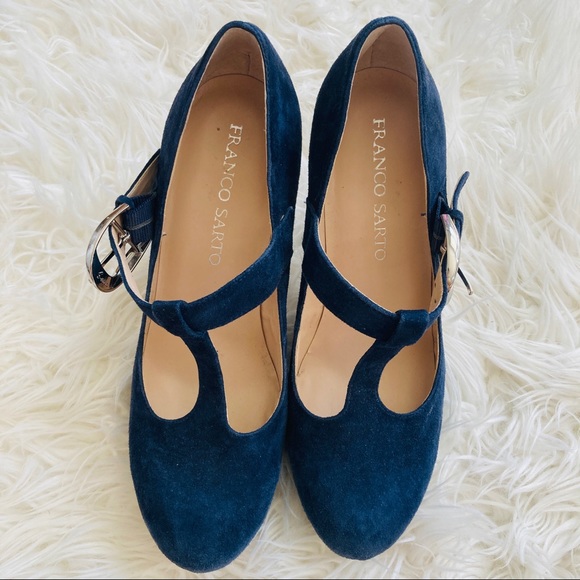 Franco Sarto | Blue Suede T-Strap Heels - Picture 2 of 6